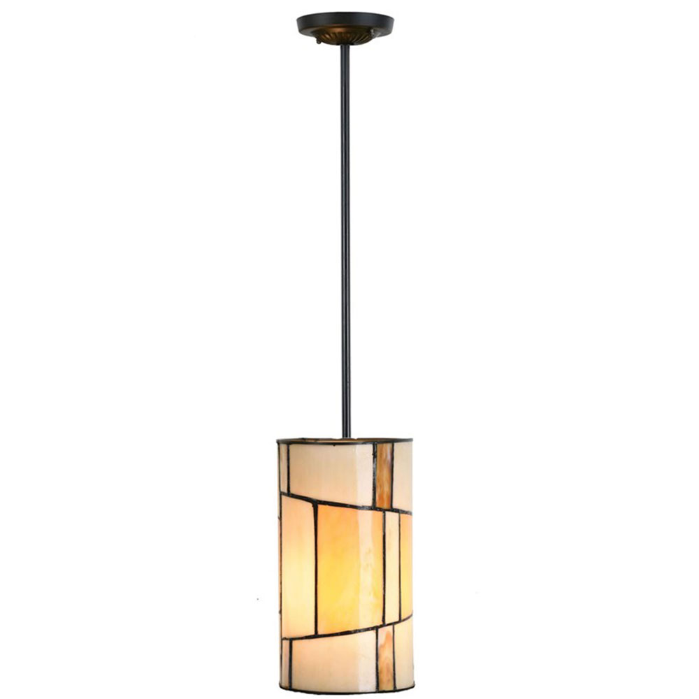 Warmes Licht: Pendelleuchte mit zylindrischem Tiffanyglas-Schirm: Pendelleuchte aus geometrischen Tiffany-Glas-Scheiben, hier mit Pendelrohr-Aufhängung