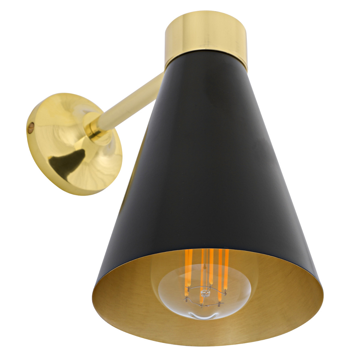 Elegante, kleine Wandleuchte mit Kegelschirm, Messing/schwarz/weiß: Hier mit großem „Edison“-Leuchtmittel