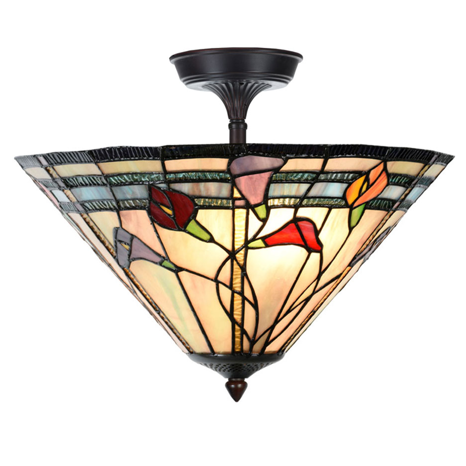 Buntglas-Deckenleuchte mit Blumenmotiv Ø 40 cm: Abgehängte Buntglas-Deckenleuchte mit Blumenmotiv, im Tiffany-Verfahren gefertigt