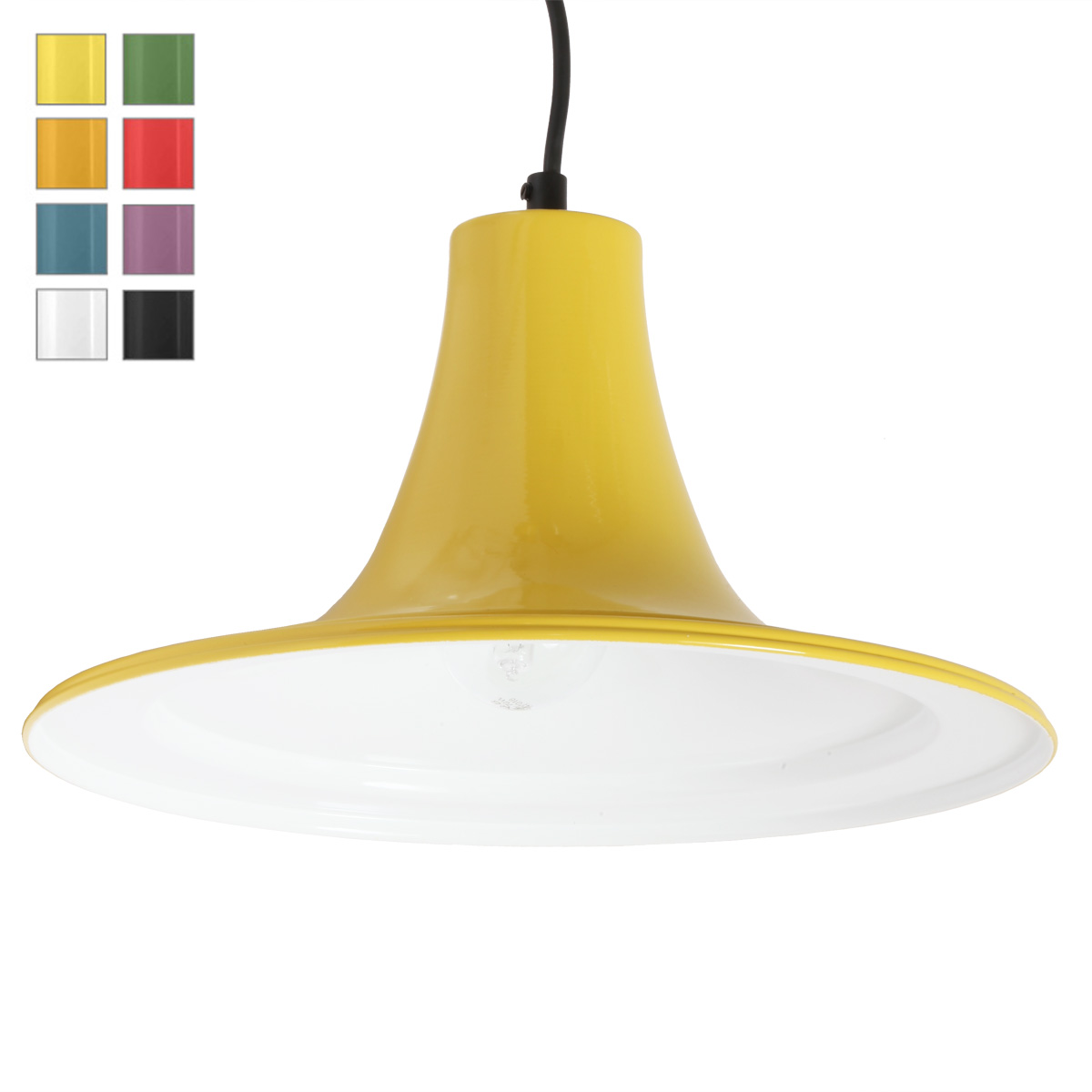 Bild 1: Die Hängelampe ODETTE hier in Gelb (RAL 1012) – Zeitlose Lösung über Esstischen uvm. ODETTE Zeitlose Hängelampe aus lackiertem Stahlblech: Die Hängelampe ODETTE hier in Gelb (RAL 1012) – Zeitlose Lösung über Esstischen uvm.