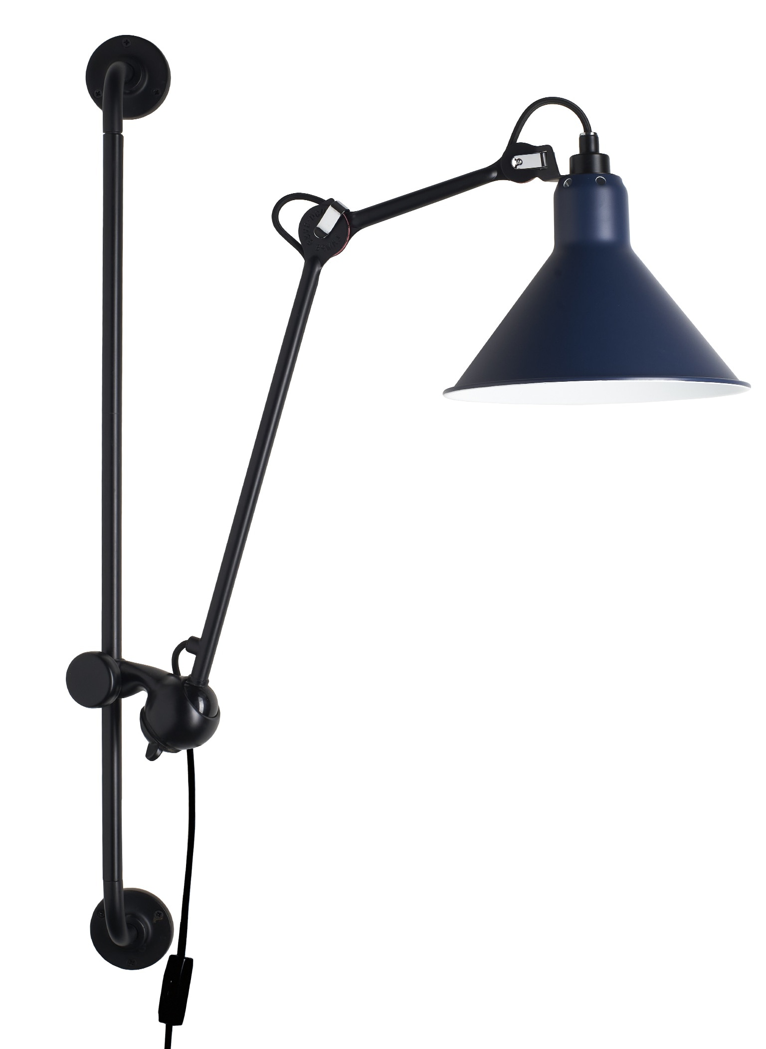 Bild 7: Mit blauem Schirm (konisch) Lampe Gras Schienen-Wandlampe mit Gelenkarm N° 210: Mit blauem Schirm (konisch)