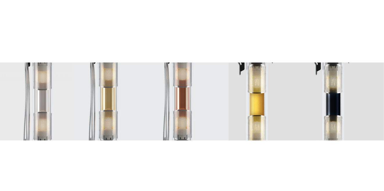 Tragbare Glasröhren-Leuchte BALKE mit IP68: Die fünf Reflektorfarben (von links): Silbern, Golden (nicht mehr erhältlich), Kupfer, Messing, Petrolblau