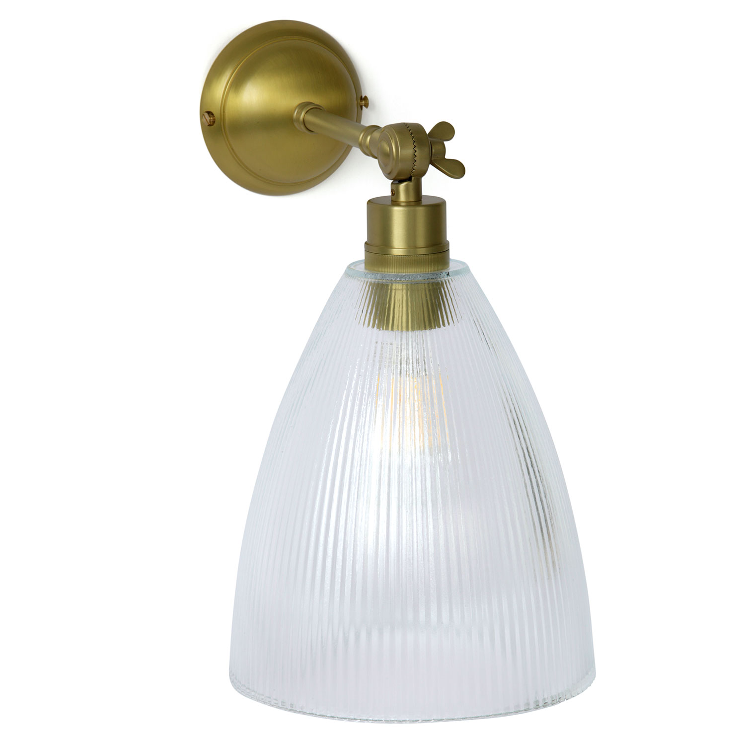 Bild 1: Wandleuchte mit Gelenk und prismatischem „Holophan“-Glasschirm, hier in Messing satiniert Wandleuchte mit Gelenk und großem, prismatischem Glas: Wandleuchte mit Gelenk und prismatischem „Holophan“-Glasschirm, hier in Messing satiniert