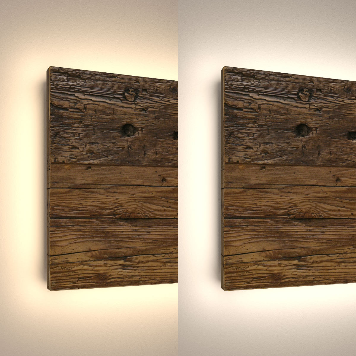 Quadratische Wandleuchte aus antikem Massivholz (40 cm): Quadratische Wandleuchte aus antikem Massivholz (Fichte antik), links mit 3000°, rechts mit 4000° K LED-Spot