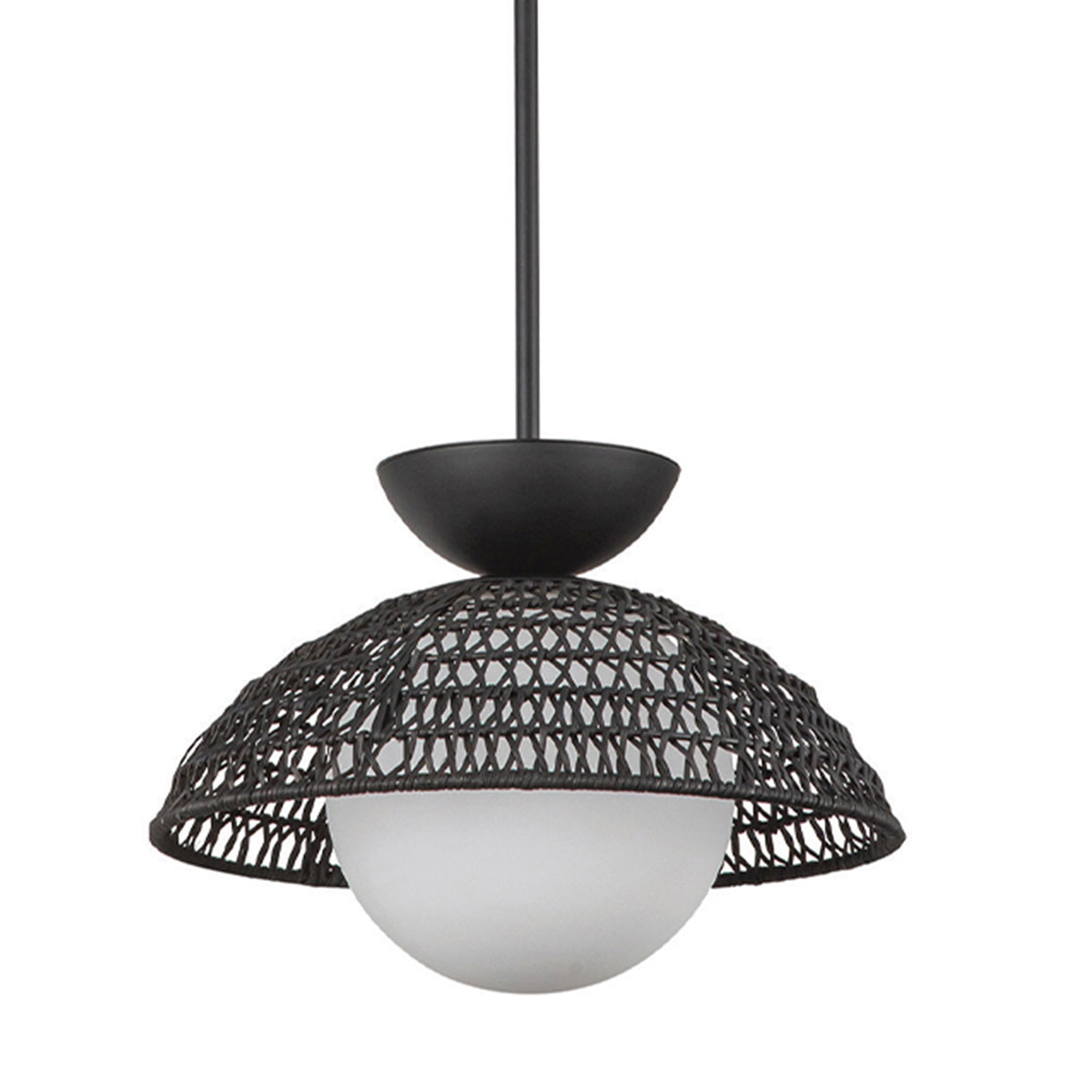 Black Rattan Pendant Light with an Opal Glass Globe