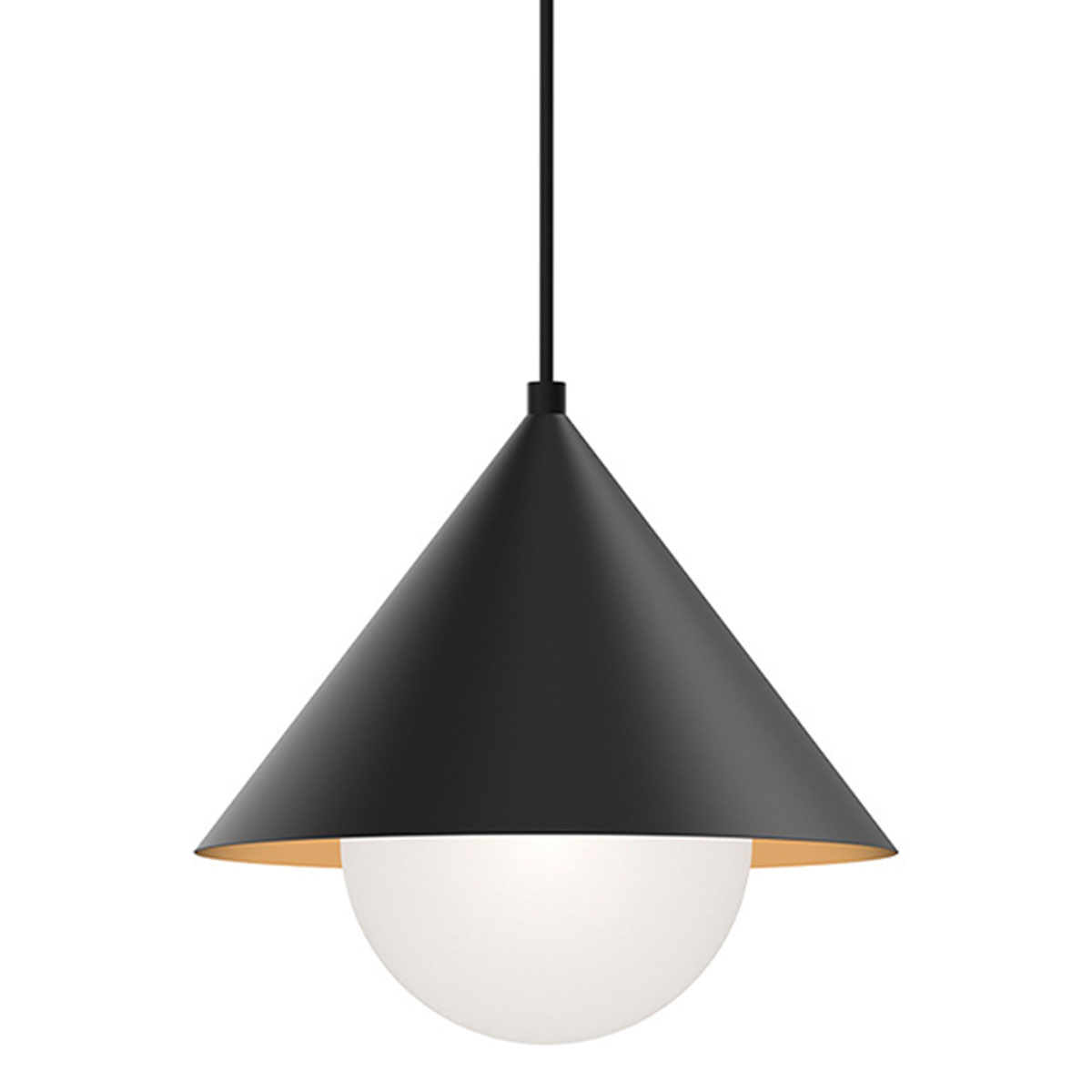 Schlichte, schwarze Kegelschirm-Pendelleuchte mit opaler Glaskugel