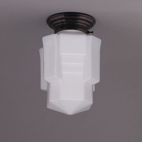 Kleine Deckenlampe mit matt-opalem Art Déco-Glas Ø 16 cm: Deckenteil dezent gestuft, dunkel patiniert