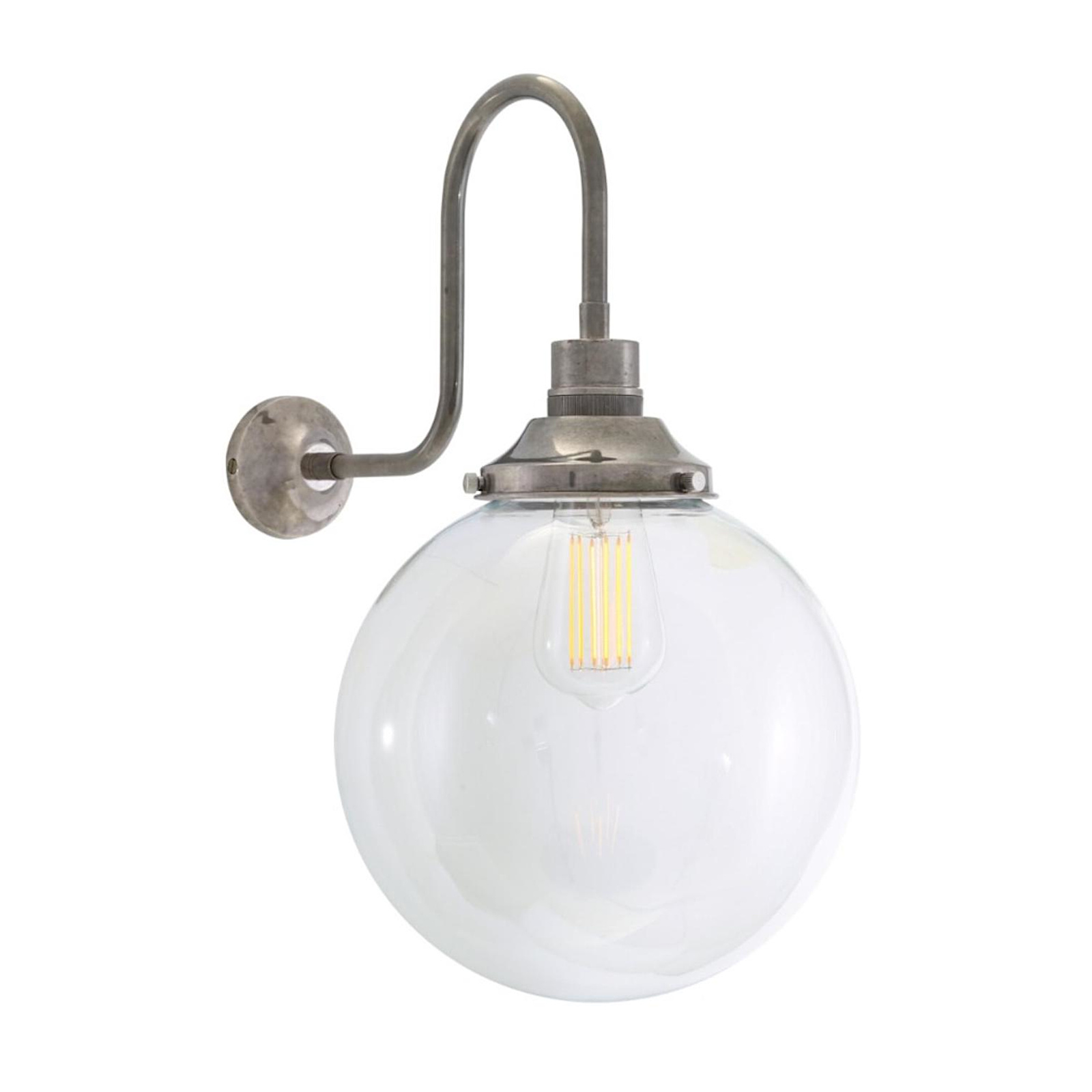 Wall lamp with 25 cm glass ball and gooseneck arm, Ø 20–25 cm