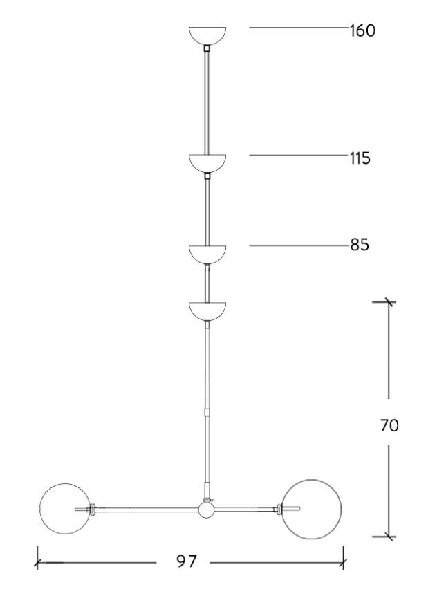 Doppel-Pendelleuchte BALANCE mit Glaskugeln in zwei Größen Ø 20+15 cm: Mit Halbkugel-Baldachin sowie Verlängerungsrohren: 1 x 15 cm, 1 x 30 cm sowie 1 x 45 cm.