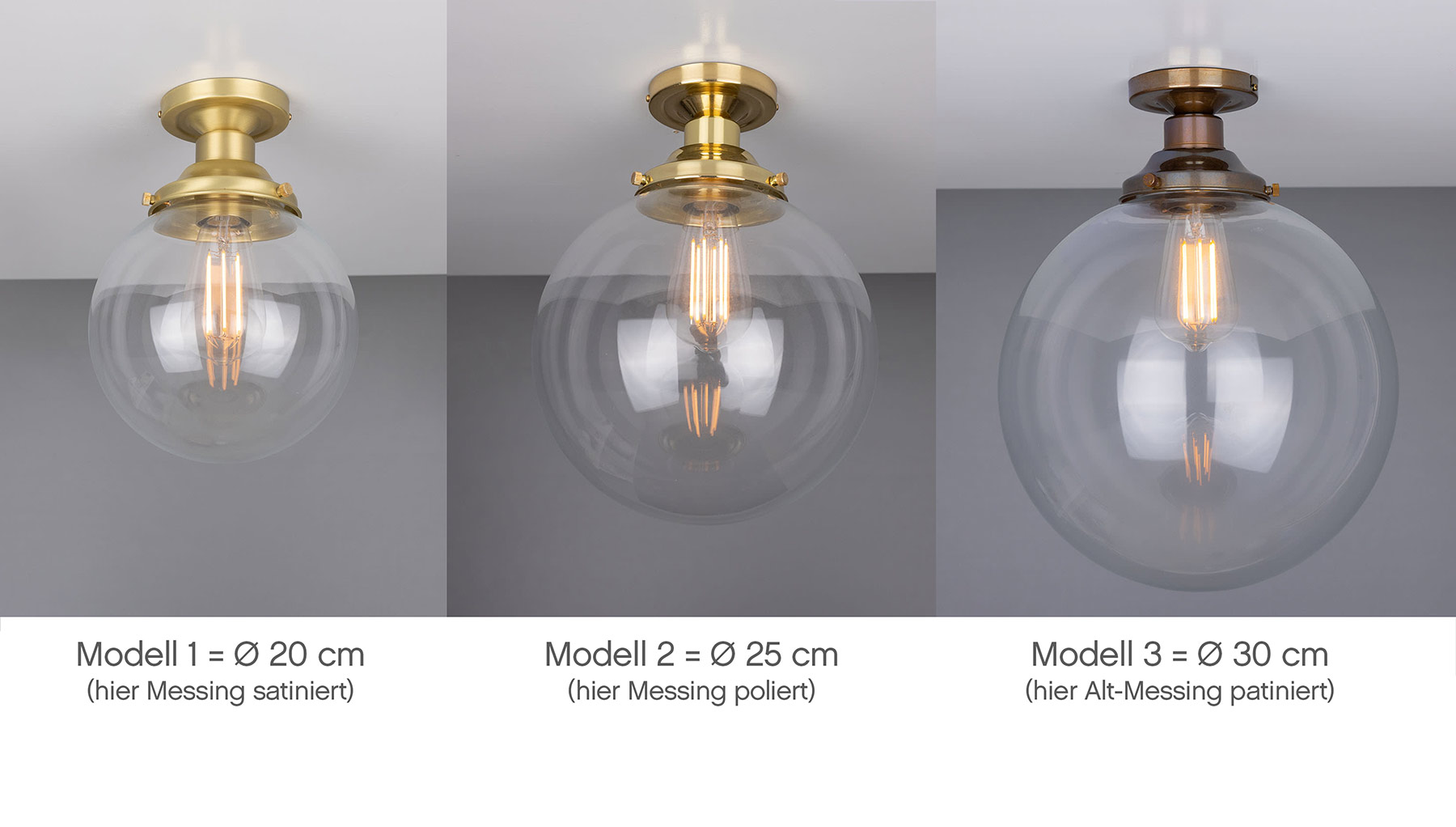Zeitlose Glaskugel-Deckenleuchte in drei Größen Ø 20/25/30 cm: Die Modelle im Vergleich: Glaskugeln mit 20 cm, 25 cm, 30 cm Durchmesser