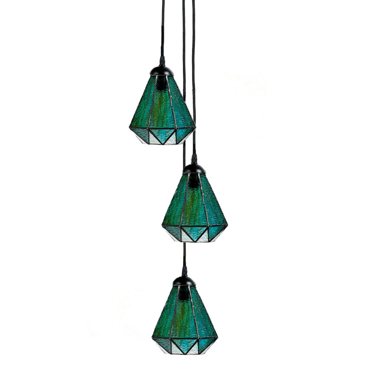 Gruppe mit 2 oder 3 Hängeleuchten mit grünen Tiffanyglas-Schirmen: Modell 2: Gruppe aus drei Leuchten