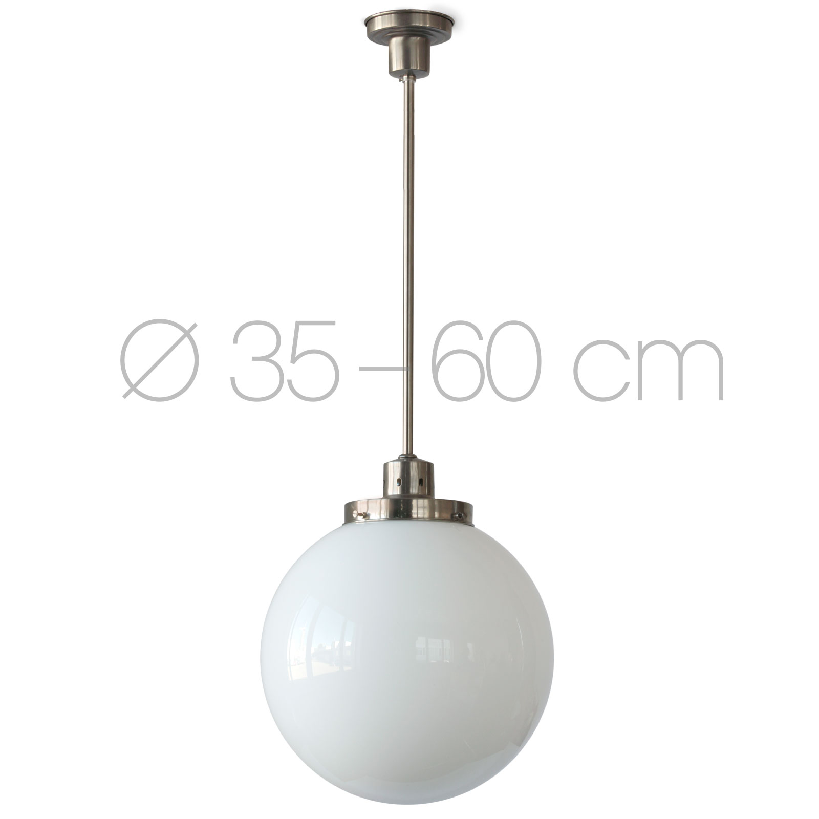 Große Rohr-Hängeleuchte mit weißer Glaskugel Ø 35–60 cm Große Rohr-Hängeleuchte mit weißer Glaskugel Ø 35–60 cm