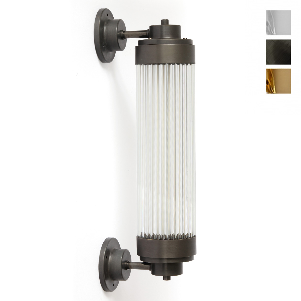 Exklusive LED-Wandleuchte, ideal für Badezimmer-Spiegel: LED-Wandleuchte mit Glasstäbchen-Mantel im Art Déco Stil, hier in Messing patiniert