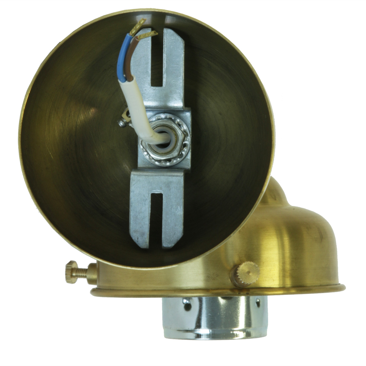Kleine Wandlampe mit abgehängtem Satin-Spitzglas: Wandmontage mit Wandschild in Messing natur matt