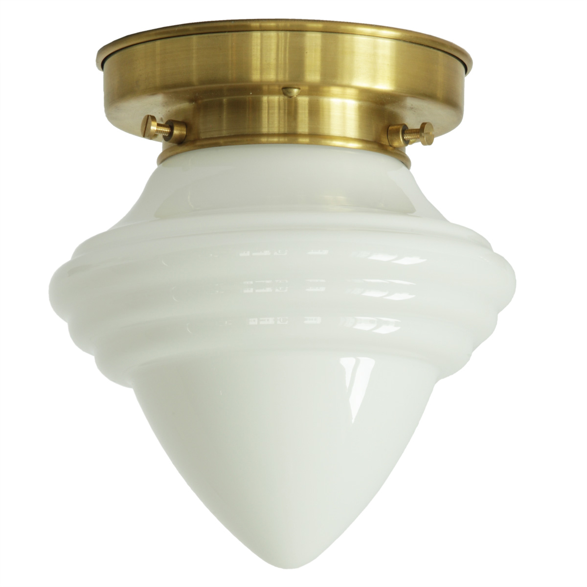 Kleine Deckenlampe mit spitzem Art déco-Opalglas Ø 16 cm: Spitze Deckenleuchte, abgebildet mit getrepptem Deckenteil in Messing natur