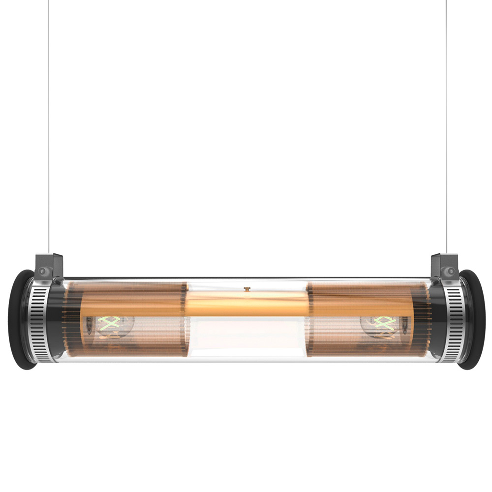 dcw IN THE TUBE: Außergewöhnliche Röhren-Hängeleuchte: Modell 2 der Hängeleuchte IN THE TUBE von dcw mit 50 cm langem Glaszylinder, Abblendungen in „Gold“ (poliertes Messing)