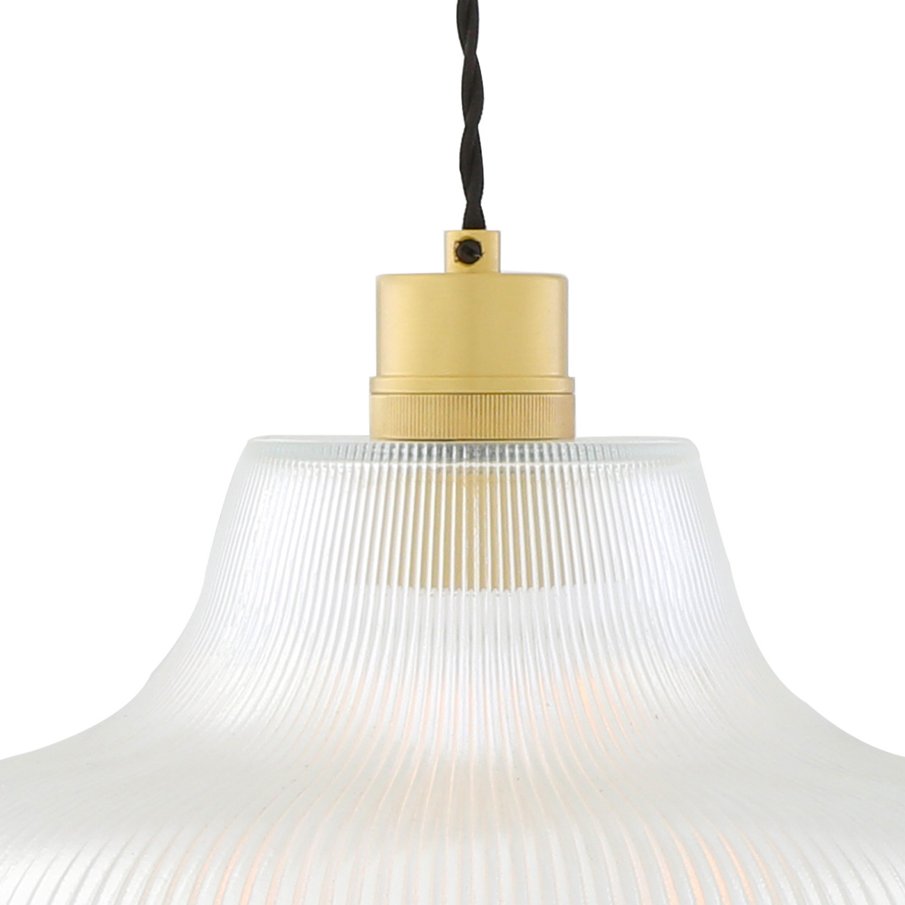 Bild 9: Glashalter in Messing satiniert Nostalgische „Eisenbahn“-Pendelleuchte mit prismatischem Glasschirm: Glashalter in Messing satiniert