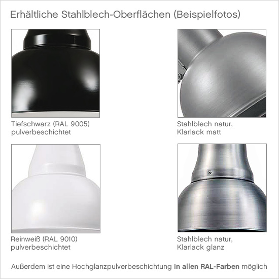 DRESDEN Pendel-Fabrikleuchte aus Stahl: Die erhältlichen Oberflächen (Beispiele)