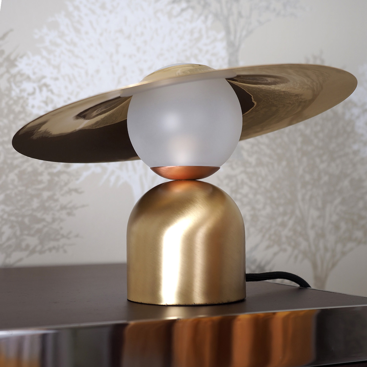 Small design table lamp with shade and glass ball