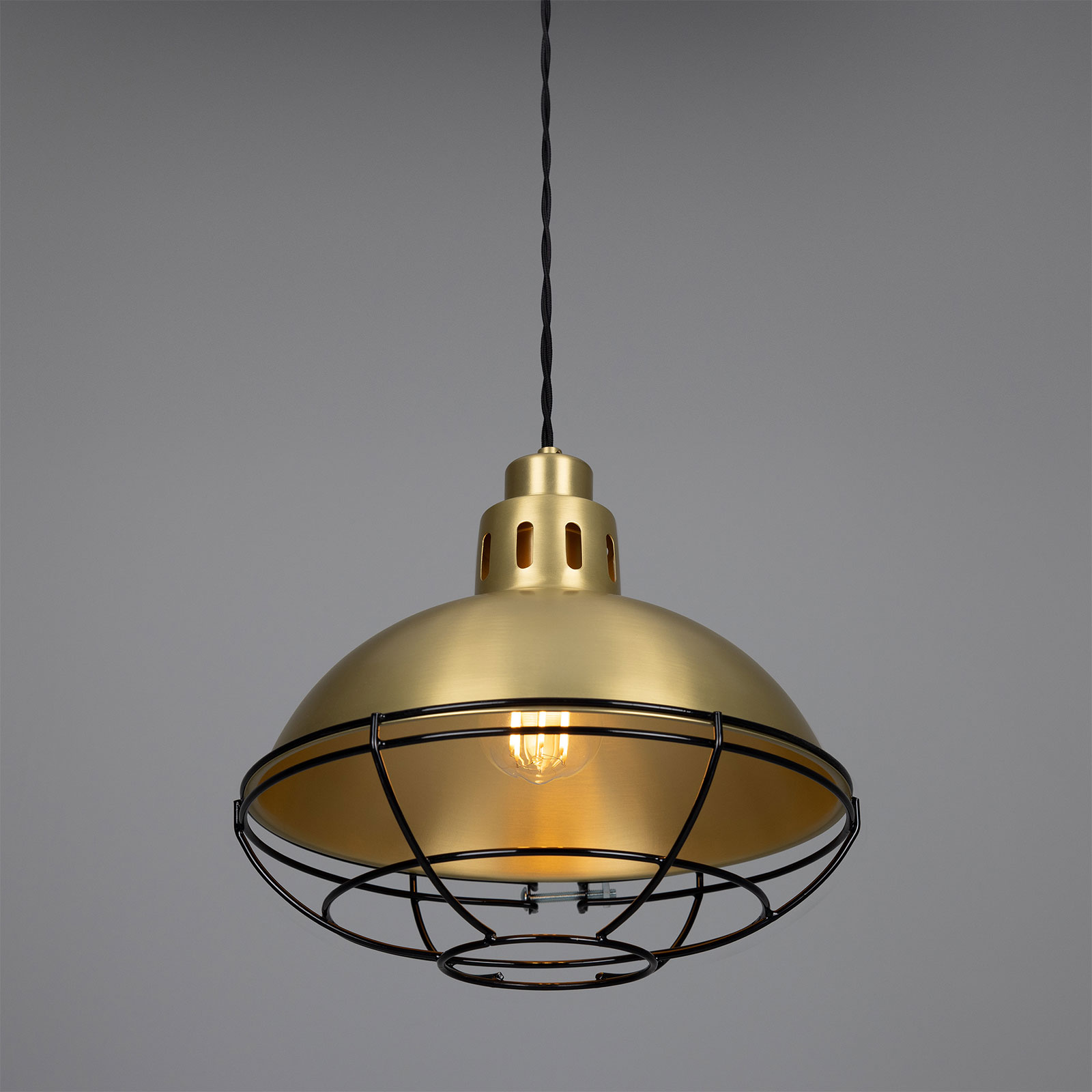 Klassische Fabriklampe aus Messing mit Schutzgitter-Käfig, 32 cm: Messing matt satiniert