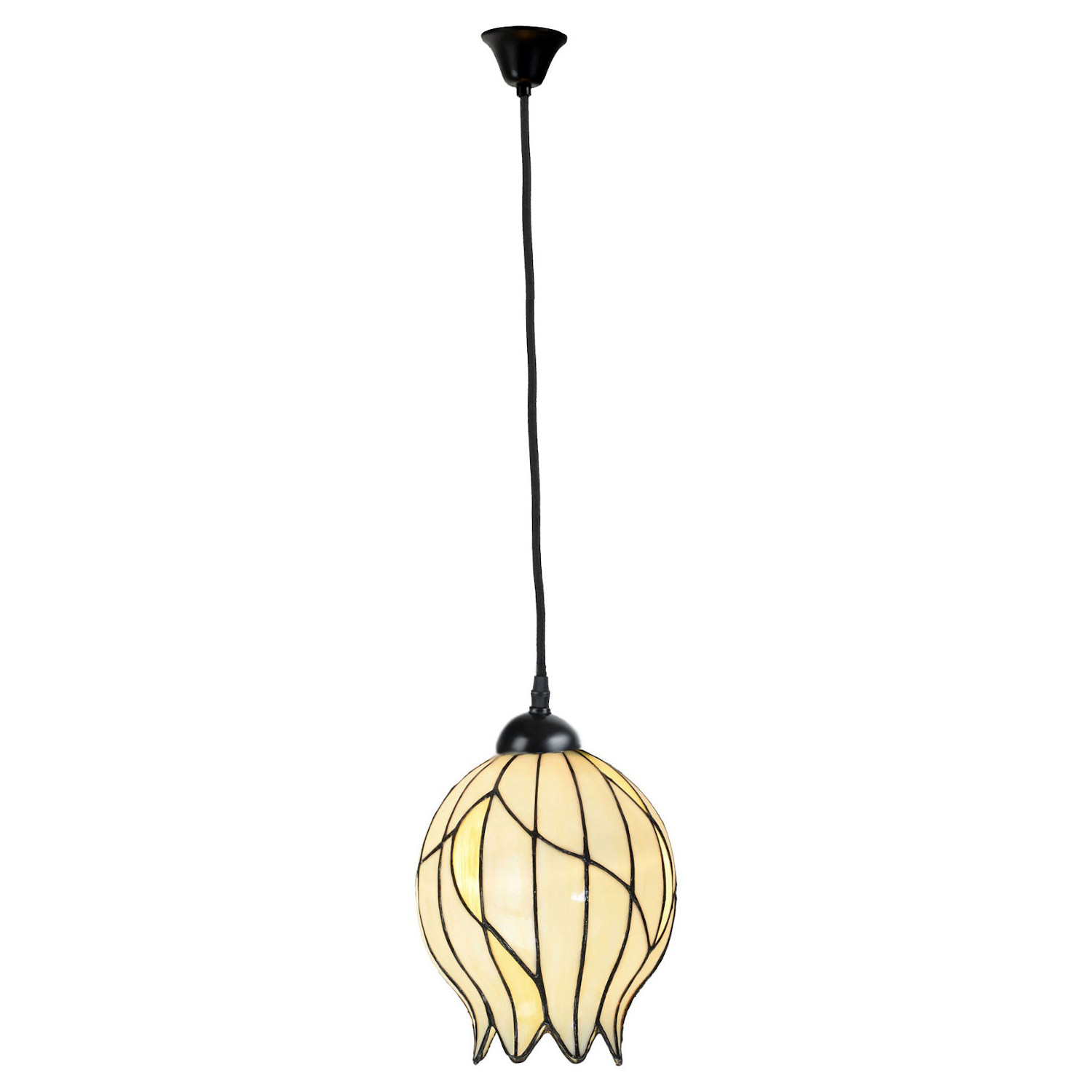 Tiffany-Hängeleuchte mit knospenförmigem Glasschirm: Die Tiffany-Lampe mit Kabel-Aufhängung