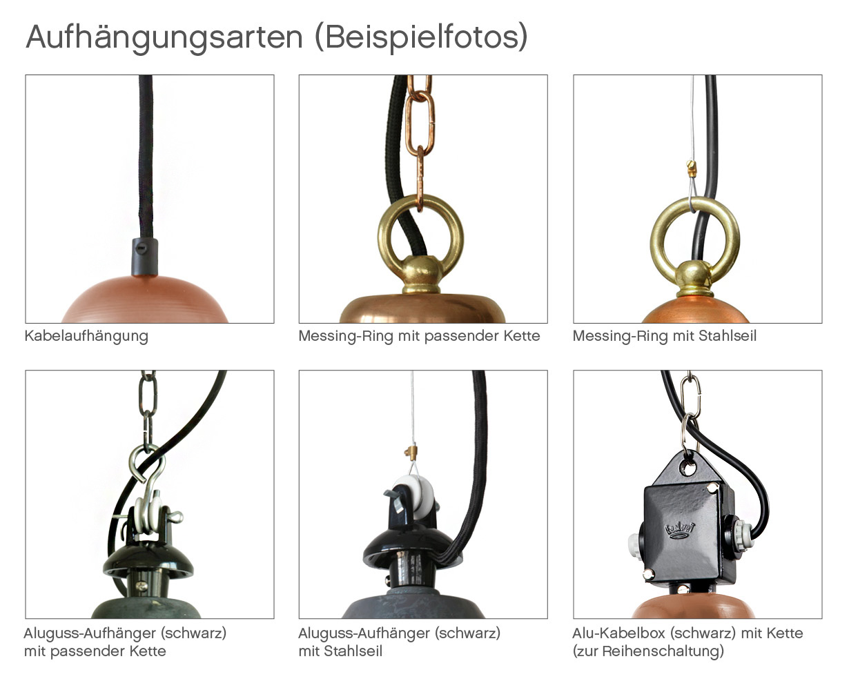 JENA Große Industriedesign-Hängeleuchte Kupfer, Ø 40-50 cm: Die erhältlichen Aufhängungsarten