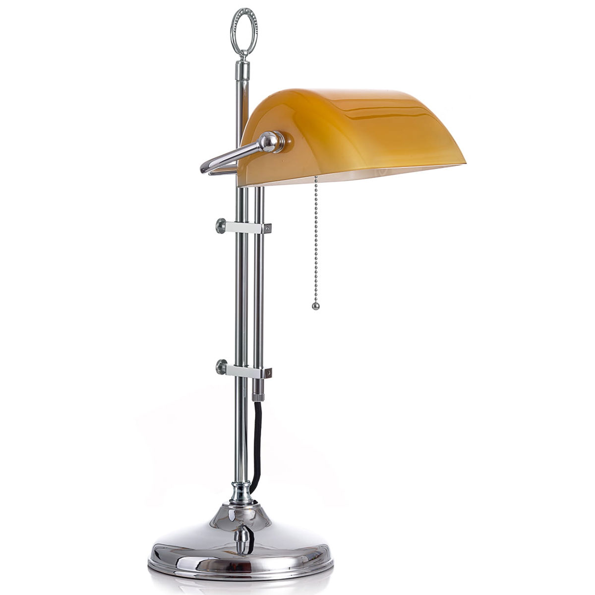Klassische Schreibtischlampe: Bankerlampe mit rundem Sockel: Verchromtes, glattes Gestänge mit cognacfarbenem Glasschirm