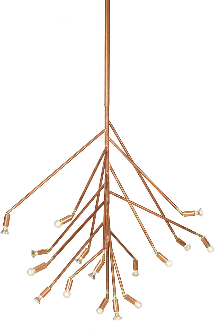 Decken-Strahlerleuchte aus rohem Kupfer KVIST Ø 41/67/125 cm: Das Design-Lichtobjekt aus Kupferrohren ist auch mit 16 Lichtquellen erhältlich – Durchmesser 125 cm