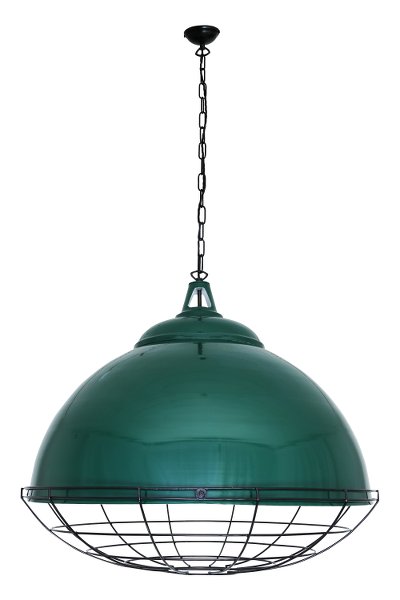 Bild 6: Die Hängeleuchte, pulverbeschichet in „British Racing Green“ Sehr große Lagerhaus-Hängelampe mit Schutzgitter BRUXELLES: Die Hängeleuchte, pulverbeschichet in „British Racing Green“