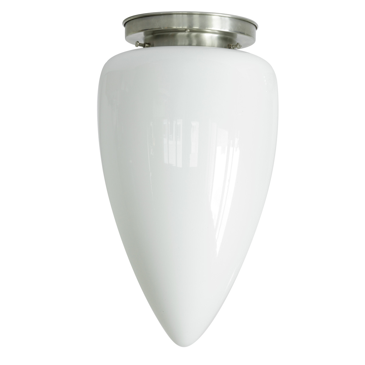 Deckenleuchte mit langem weißen Spitzglas Ø 24 cm: Opalglas-Deckenleuchte, abgebildet mit Deckenteil in Messing mattvernickelt
