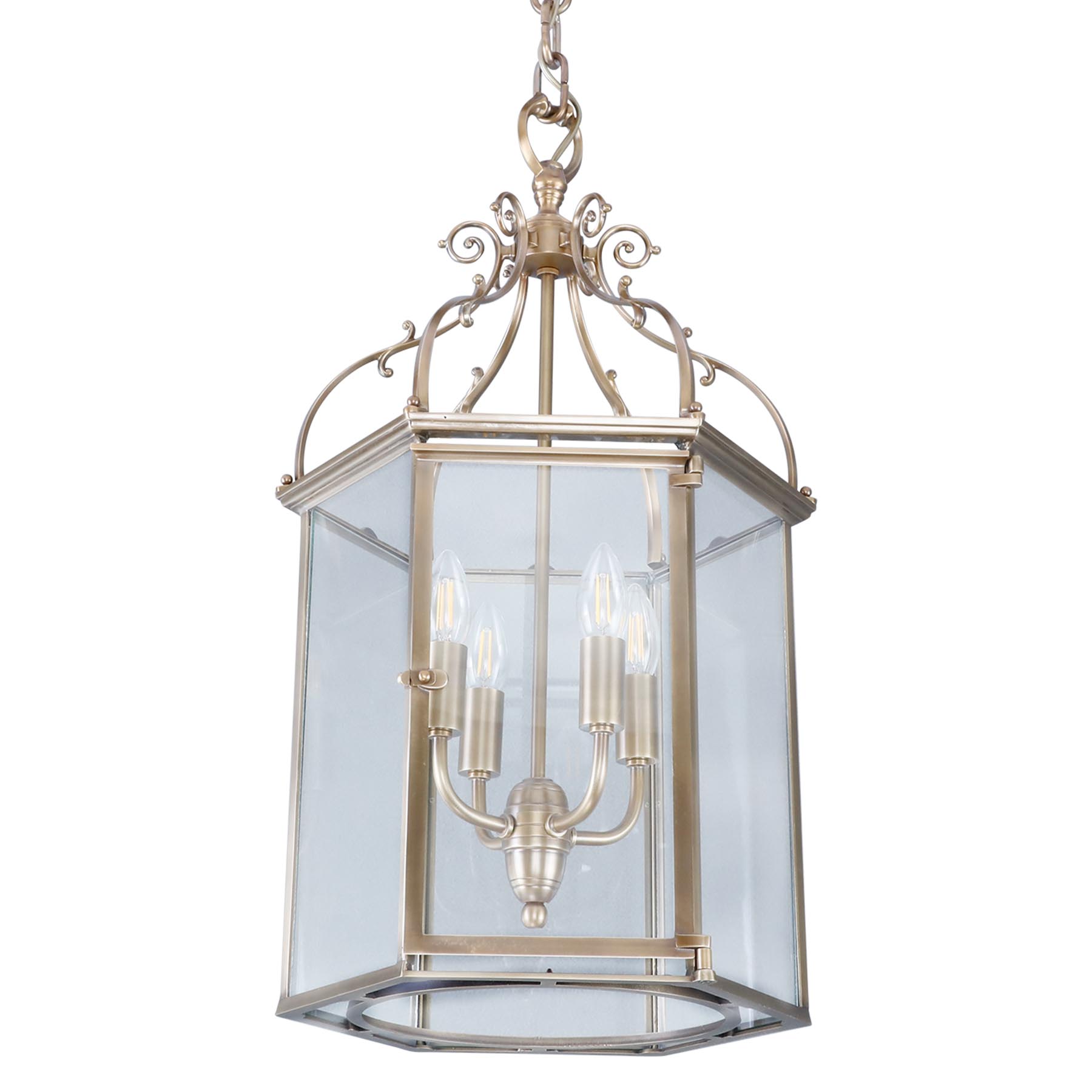 Große, 6-seitig verglaste Hänge-Laterne aus Messing Große, 6-seitig verglaste Hänge-Laterne aus Messing