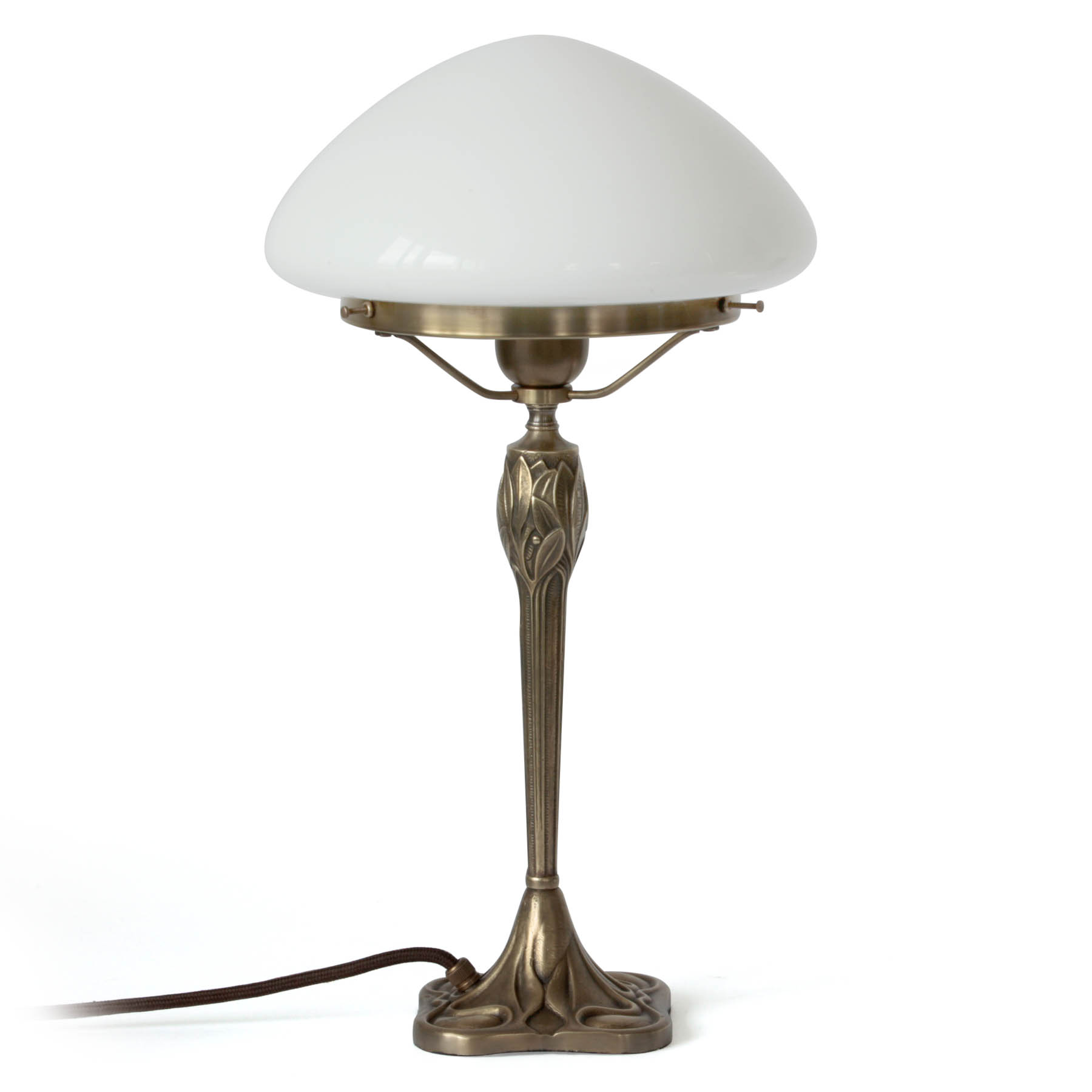 Mushroom Shaped Table Lamp With Art Nouveau Ornaments, Glass in Green or White Mushroom Shaped Table Lamp With Art Nouveau Ornaments, Glass in Green or White
