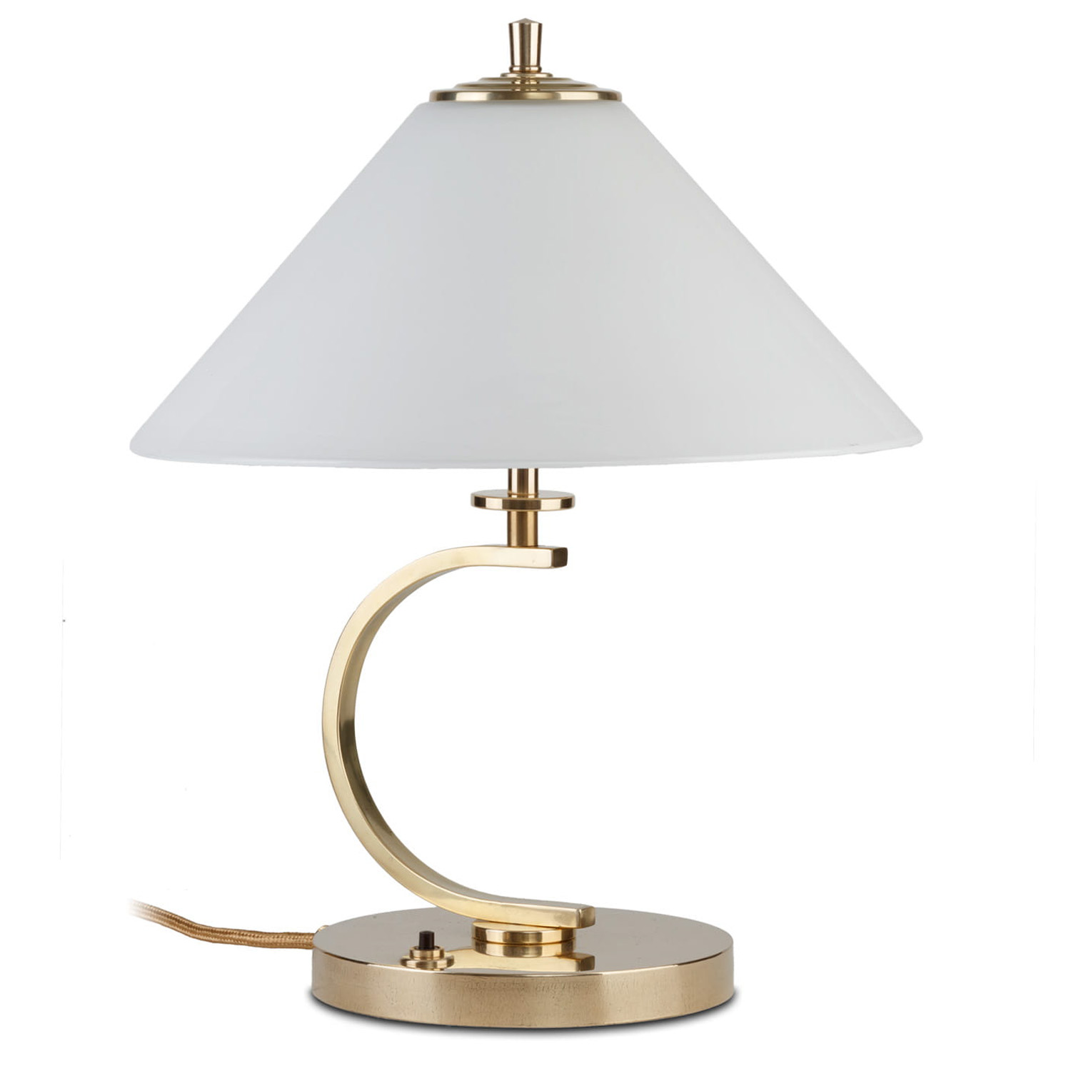 Kleine Messing-Tischlampe mit Kegel-Glasschirm: Zeitlose, kleine Nachttischlampe mit Glasschirm, hier in Messing poliert, unlackiert