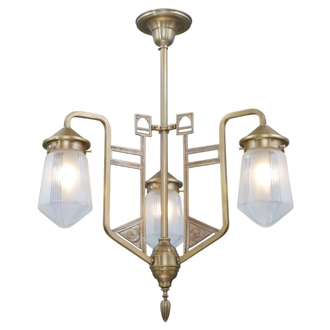Dreiarmiger Jugendstil-Hängeleuchter, handgefertigt aus Messing Dreiarmiger Jugendstil-Hängeleuchter, handgefertigt aus Messing