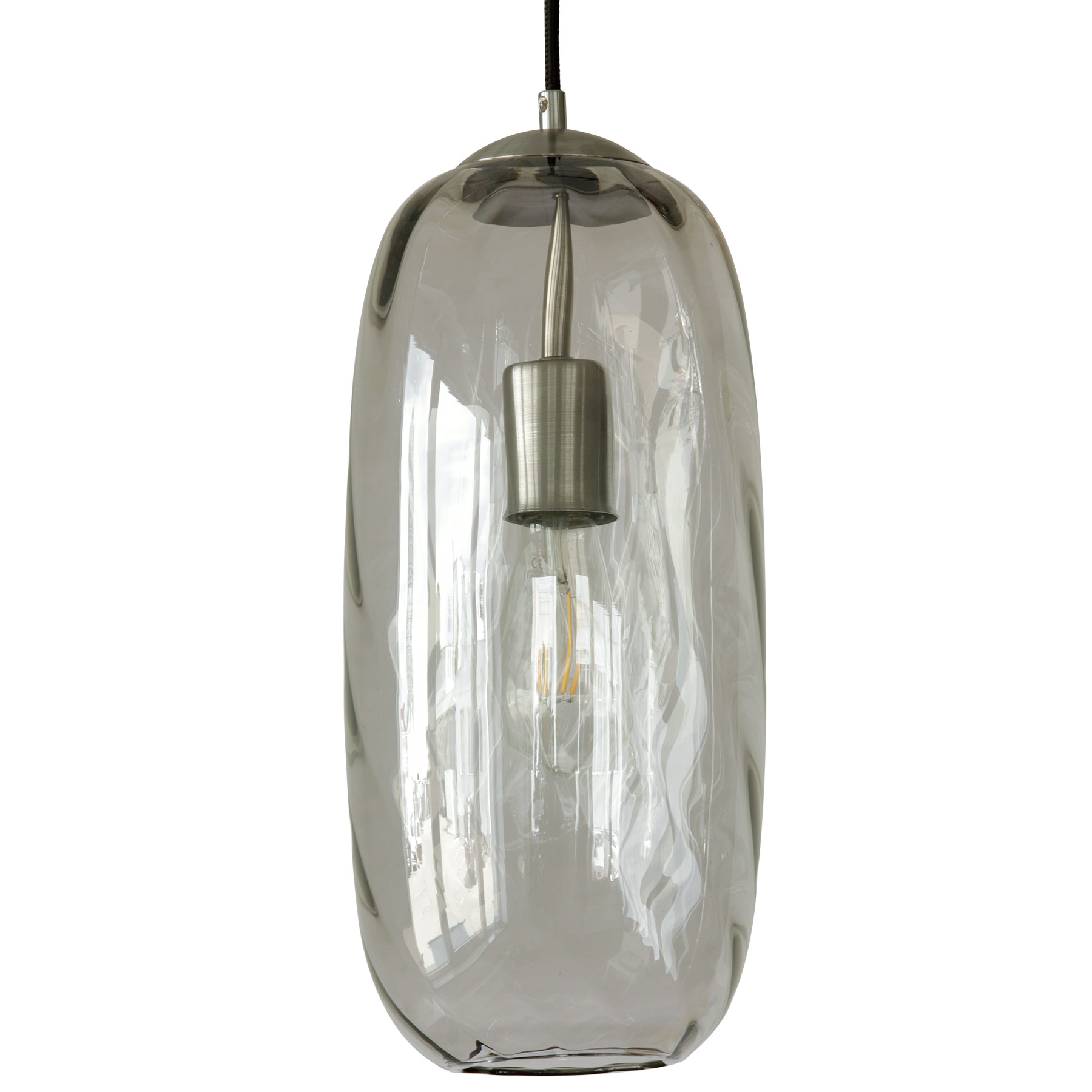 Slim pendant luminaire with structured glass body, also colored