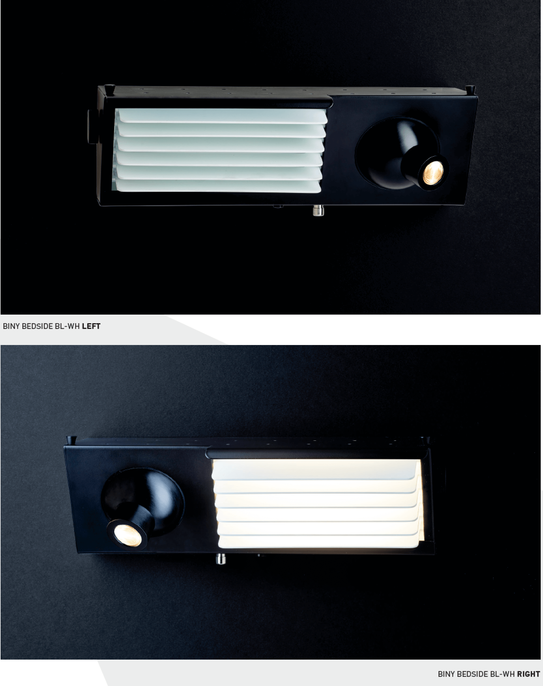 Bett-Wandleuchte mit Lese-Spot und USB, schwarz/weiß BINY BEDSIDE: Ausführung für links und rechts im Vergleich