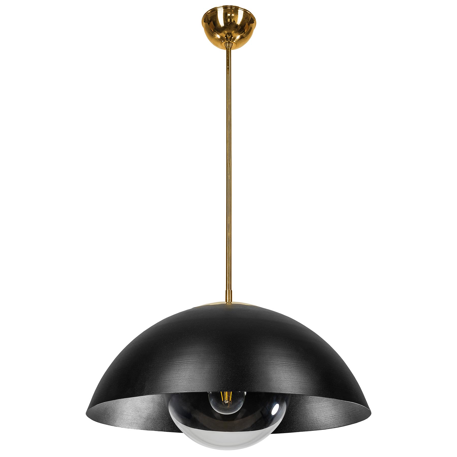 Rod Pendant Lamp with Black Reflector Shade and Clear Glass Ball: The pendant lamp on a brass tube pendant with clear glass and a matt black lacquered shade