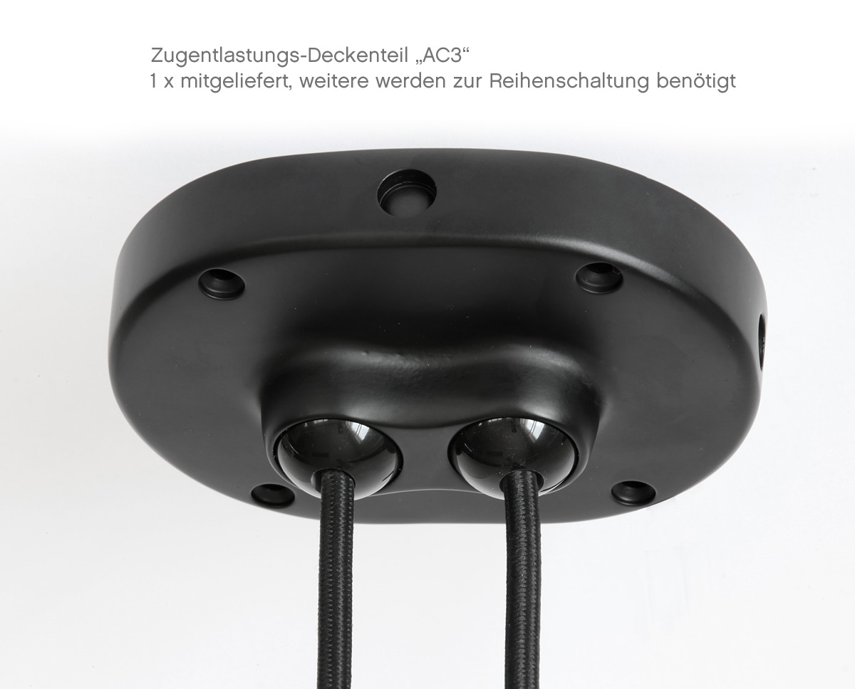 Bild 12: Das gusseiserne Deckenteil mit beweglichen Kabelauslässen (Bakelitkugeln) Doppel-Trapez-Pendelleuchte Les Acrobates N° 324: Das gusseiserne Deckenteil mit beweglichen Kabelauslässen (Bakelitkugeln)