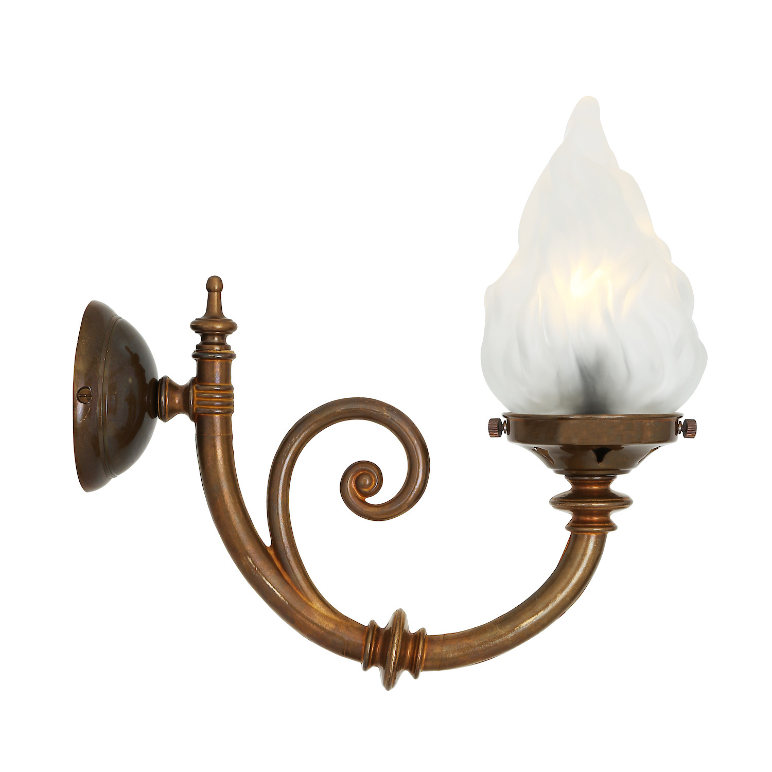 Vintage Wall Light With Satined Flame Shaped Glass: Alt-Messing patiniert