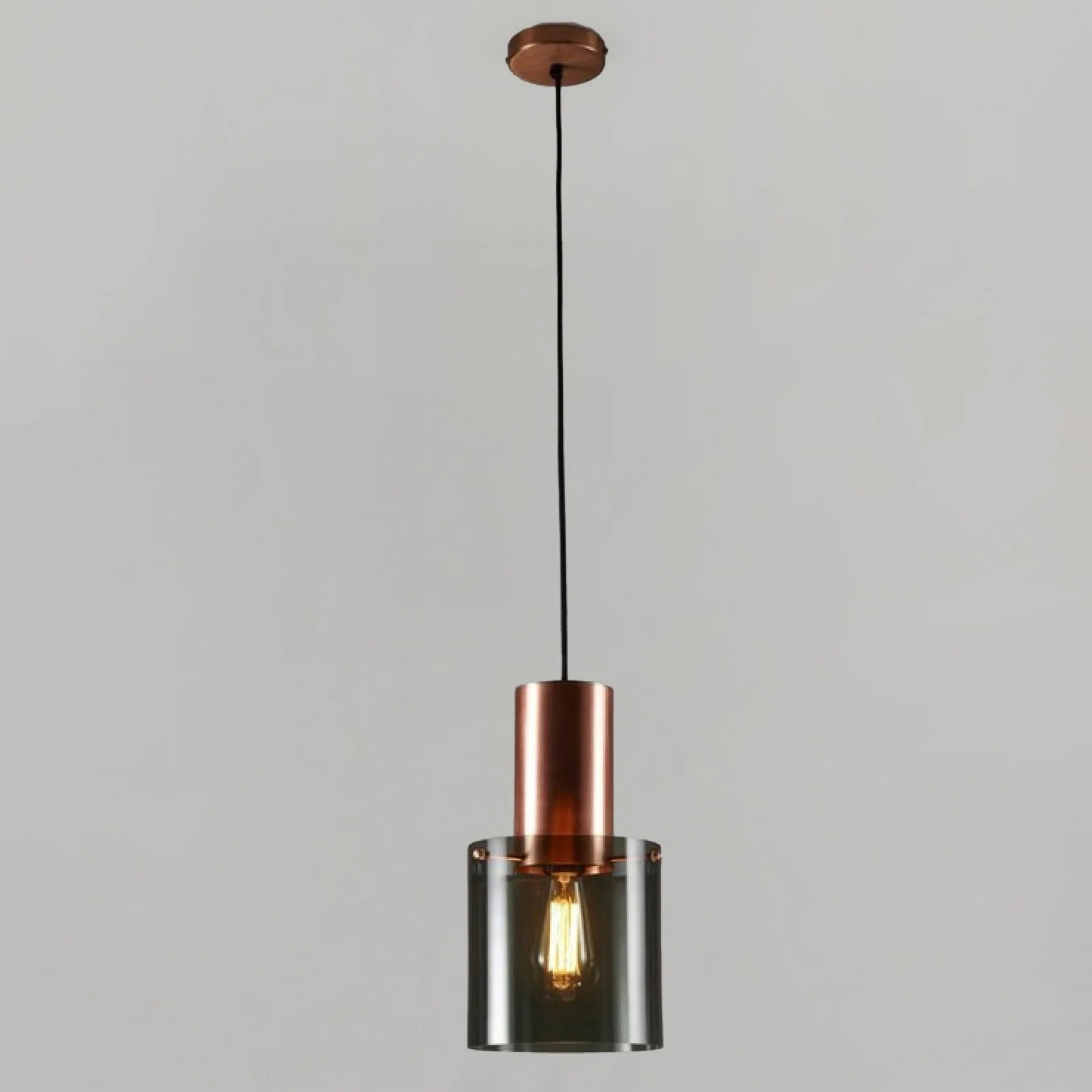 Brass or copper glass-cylinder pendant lamp WALTER: Das große Modell mit Kupfer und Rauchglas