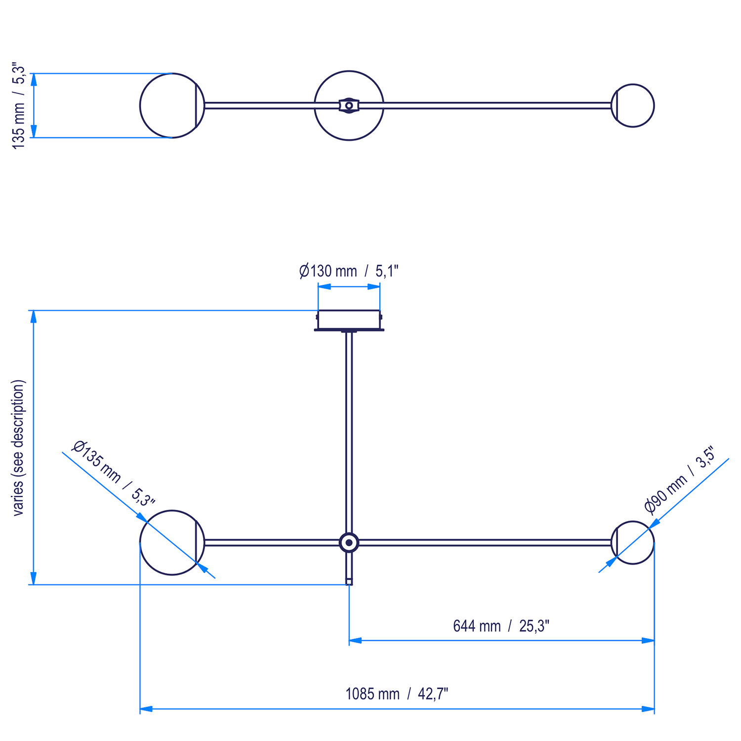 Asymmetrisch balancierter Design-Leuchter mit zwei Glaskugeln, Bild 19