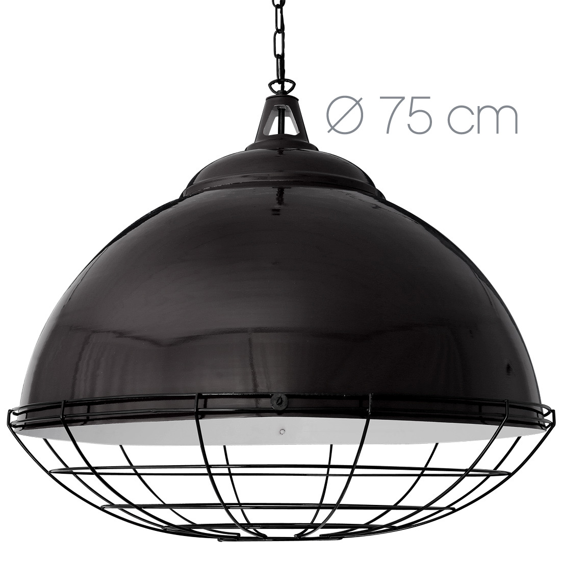 Sehr große Lagerhaus-Hängelampe mit Schutzgitter BRUXELLES: Die große Fabriklampe oder „Lagerhaus-Leuchte“ (Ø 75 cm) in der Ausführung in schwarz glanz (RAL 9005)