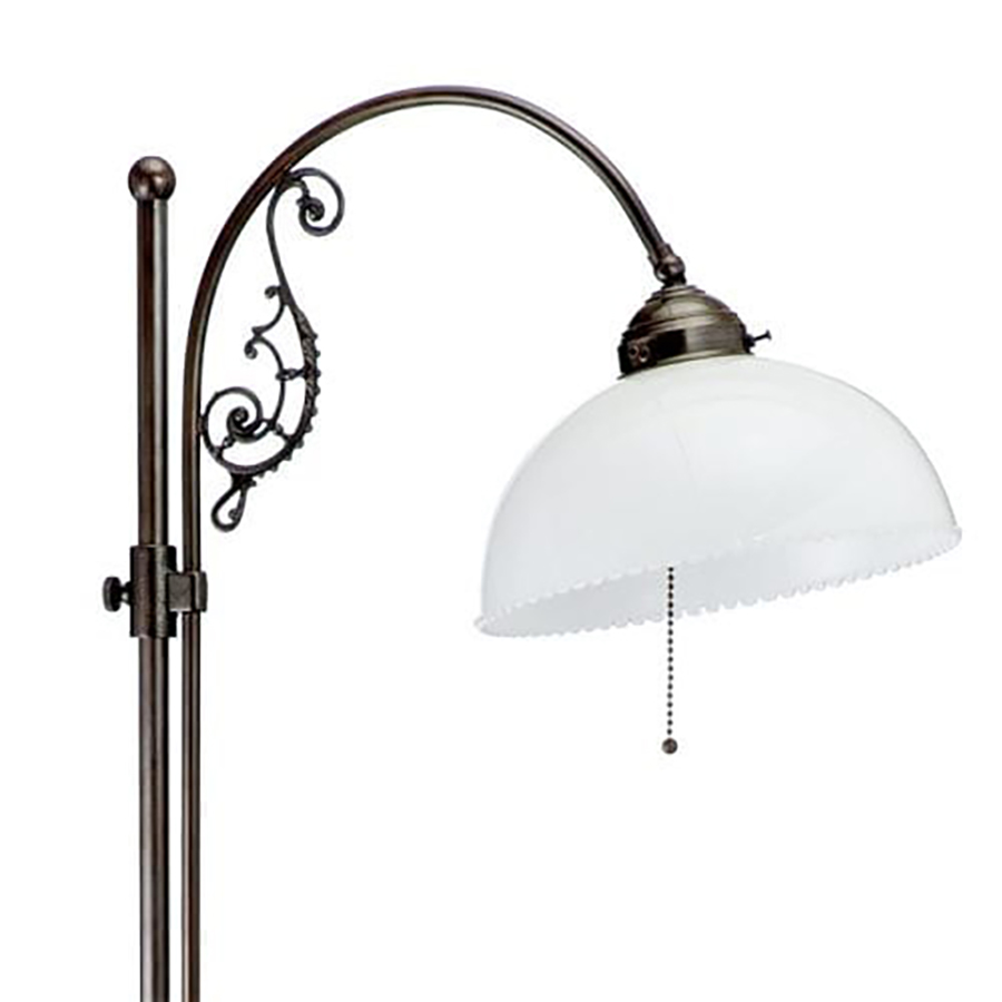 Nostalgic Floor Lamp With Glass Shade on Ornate Arched Brass Arm, Fig. 4 Nostalgic Floor Lamp With Glass Shade on Ornate Arched Brass Arm, Fig. 4