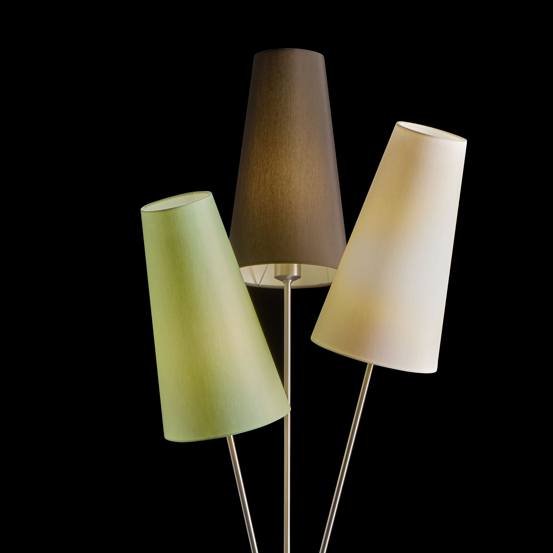 FIFTIES – Stehlampe im 50er Jahre-Look mit drei Schirmen im Bündel, viele Farben: Hochwertige Chintz-Schirme, (hier Weiß, Schiefer Mint) auf einem Gestell in Messing (hier matt vernickelt)