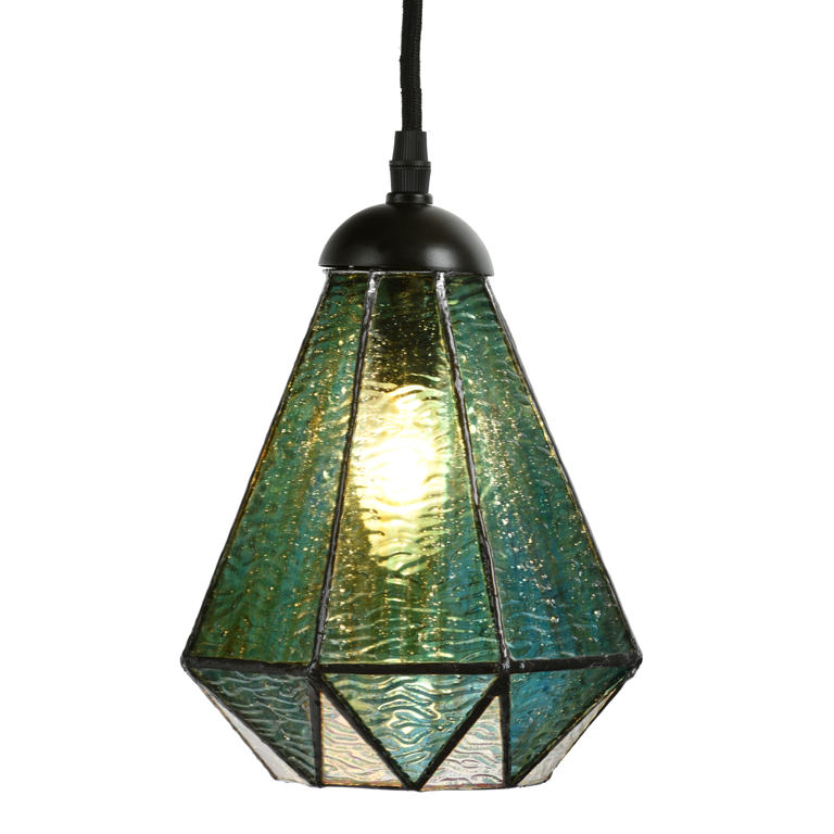 Bild 1: Tiffany-Hängeleuchte mit Schirm aus blau-grünem Glas, eingeschaltet Tiffany-Hängeleuchte mit Schirm aus blau-grünem Glas: Tiffany-Hängeleuchte mit Schirm aus blau-grünem Glas, eingeschaltet