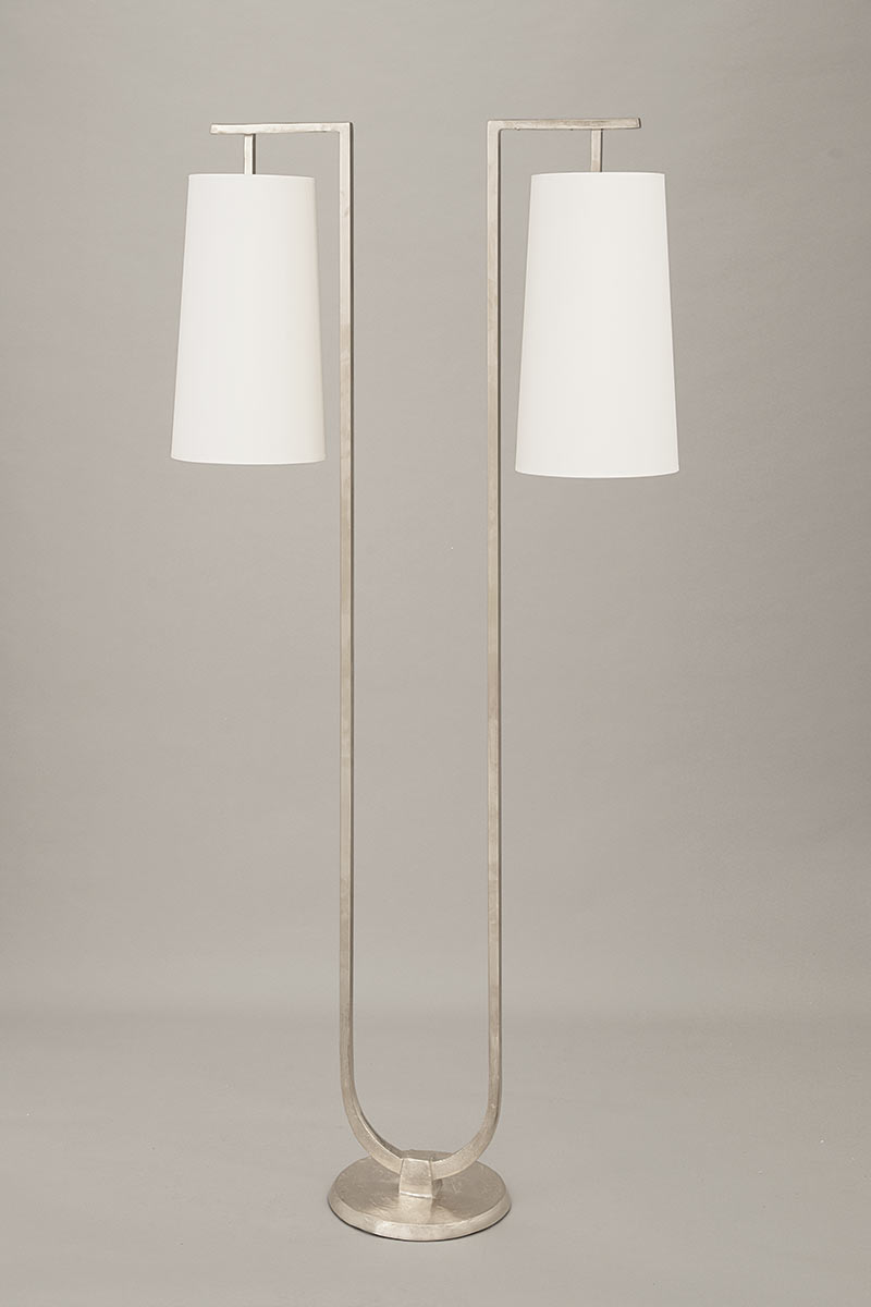 Two-armed bronze cast table light GUSTAVE with fabric shade