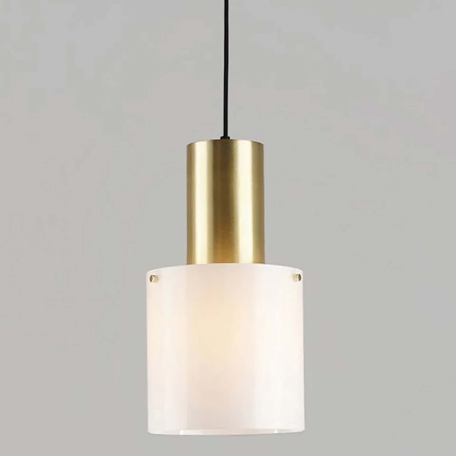 Brass or copper glass-cylinder pendant lamp WALTER: Das kleine Modell mit Messing und opalem Glas