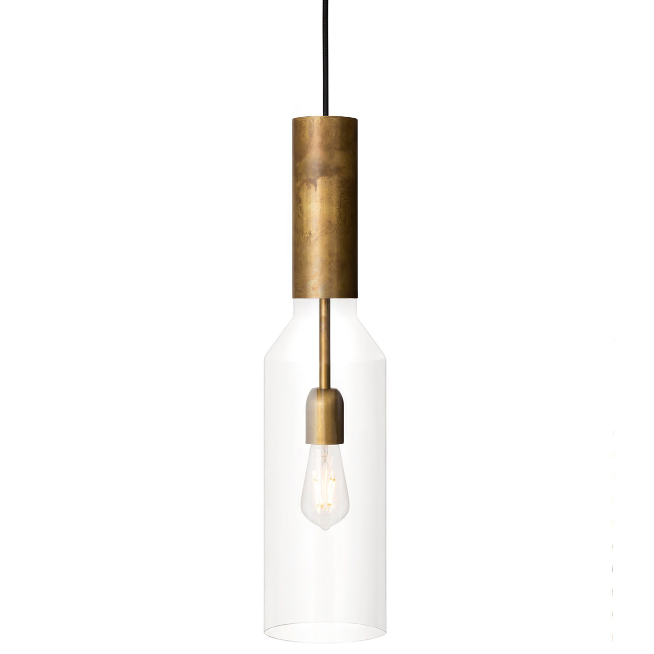 Design-Pendelleuchte aus Messing mit schmalem Glaskolben PHENO: Schwedische Design-Pendelleuchte in „Messing roh“ mit klarem Glas-Kolben, darin eine „Edison“-Glühlampe