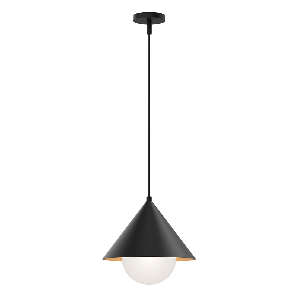 Minimalistische Pendelleuchte mit Kegelschirm und Glaskugel, Ø 34 cm