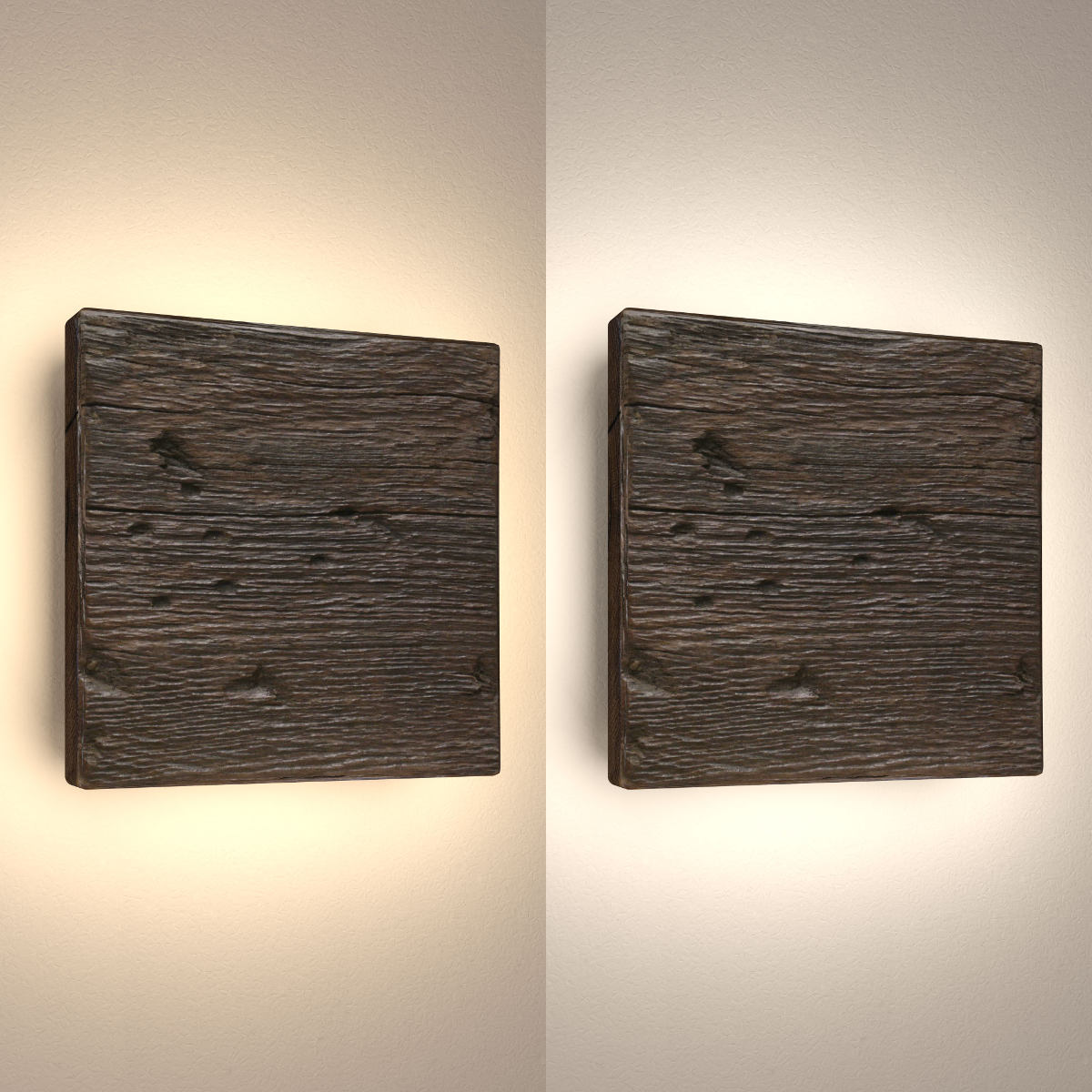 Quadratische Wandleuchte aus antikem Massivholz (20 cm): Quadratische Wandleuchte aus antikem Massivholz (Eiche antik), links mit 3000°, rechts mit 4000° K LED-Spot